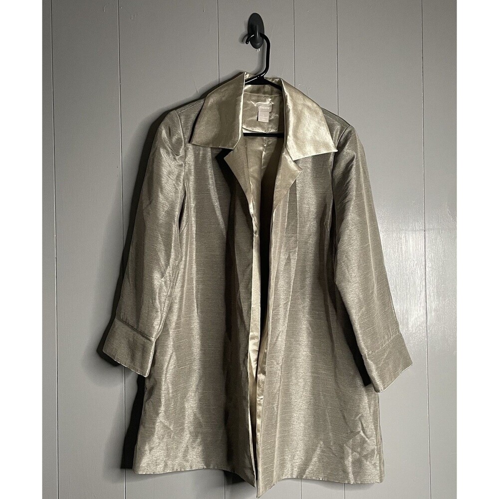 Chico's Shantung Jacket Womens Pewter Gold Satin Open Front SZ 1 (8-10) Medium